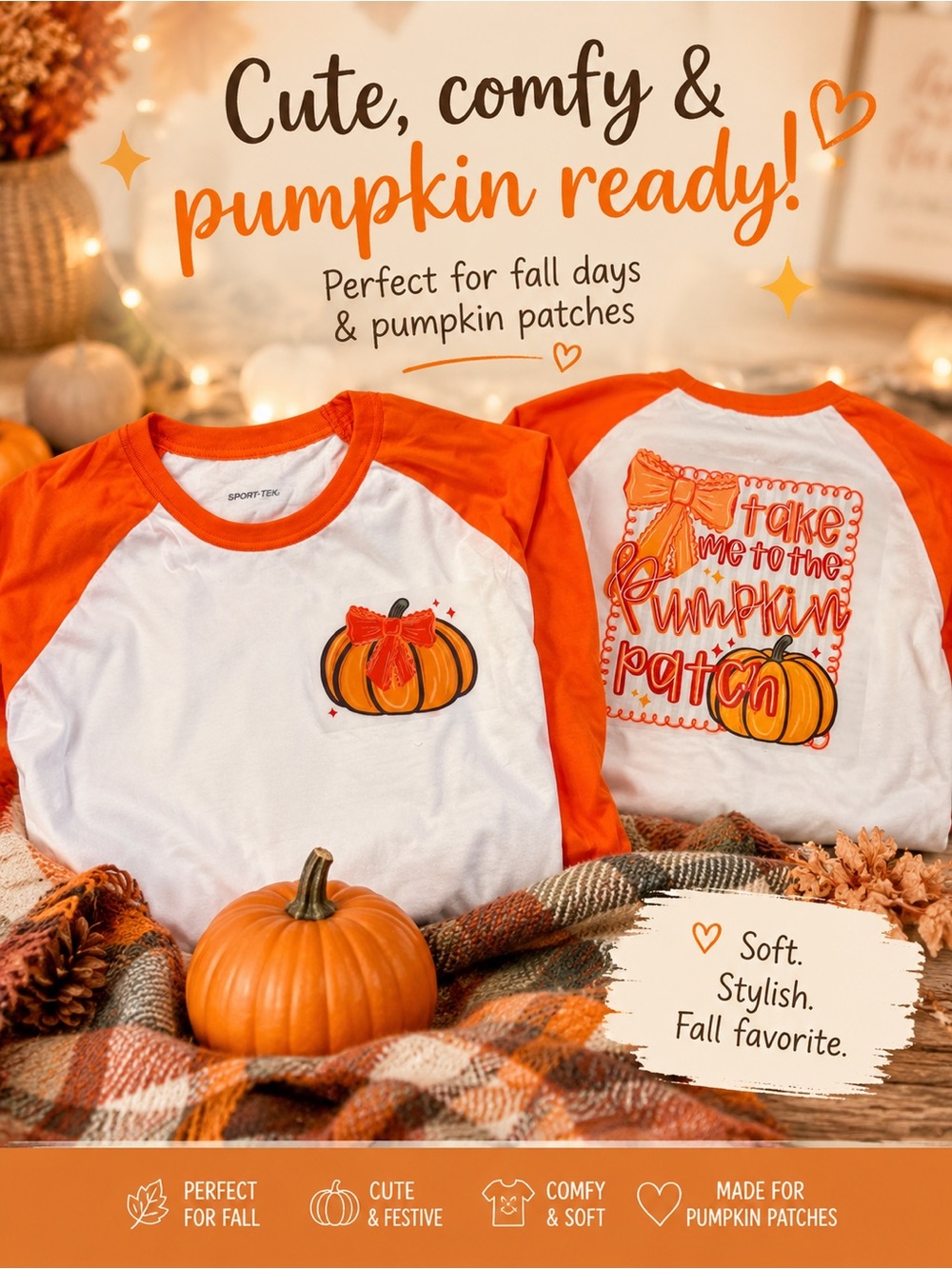 Sport-Tek White and Orange Raglan Pumpkin Patch Long Sleeve Tee